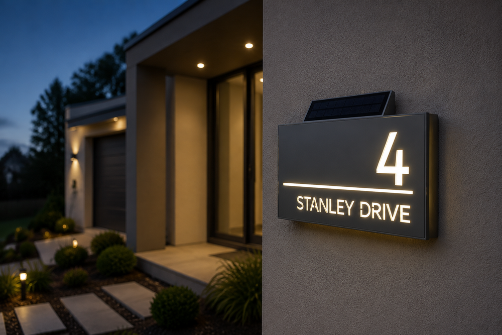 Personalized solar address sign illuminated outside a modern American home at night