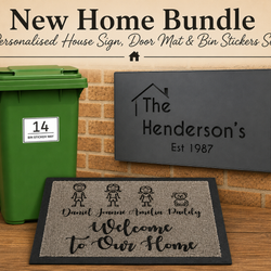 New Home Bundle – Personalised House Sign, Door Mat & Bin Stickers Set