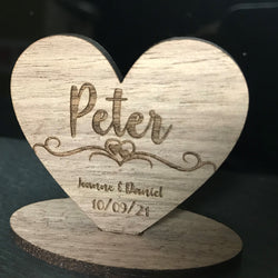 Personalised free standing wedding table place names.