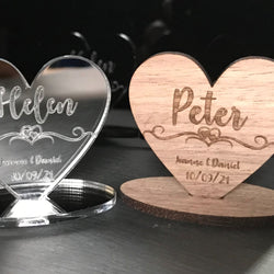 Personalised free standing wedding table place names.
